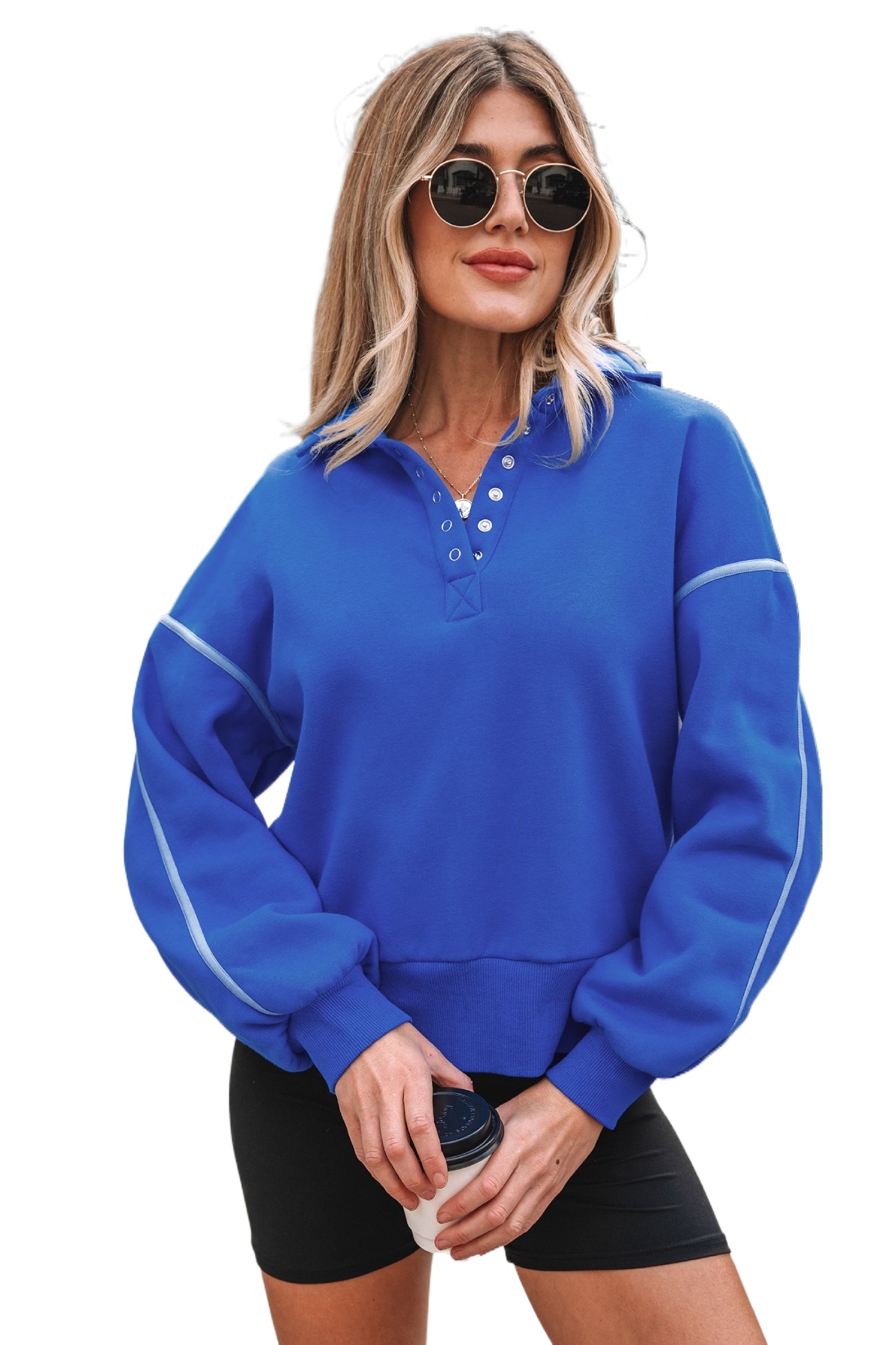 Women's Sky Blue Collared Sweatshirt – Casual Daily Button-Up Style - Main View Women's Sky Blue Collared Sweatshirt – Casual Daily Button-Up Style - Main View