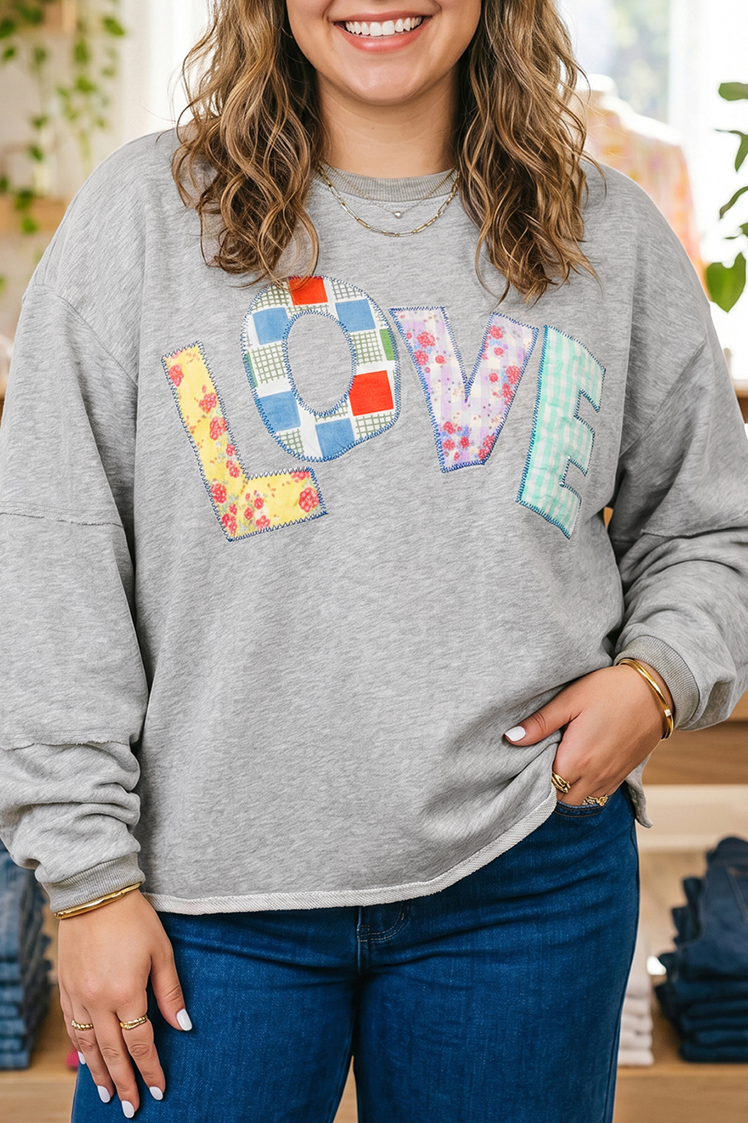 Casual Long Sleeve Top, Women's Floral Patchwork Letter Tee - Detail View 8 Casual Long Sleeve Top, Women's Floral Patchwork Letter Tee - Detail View 8