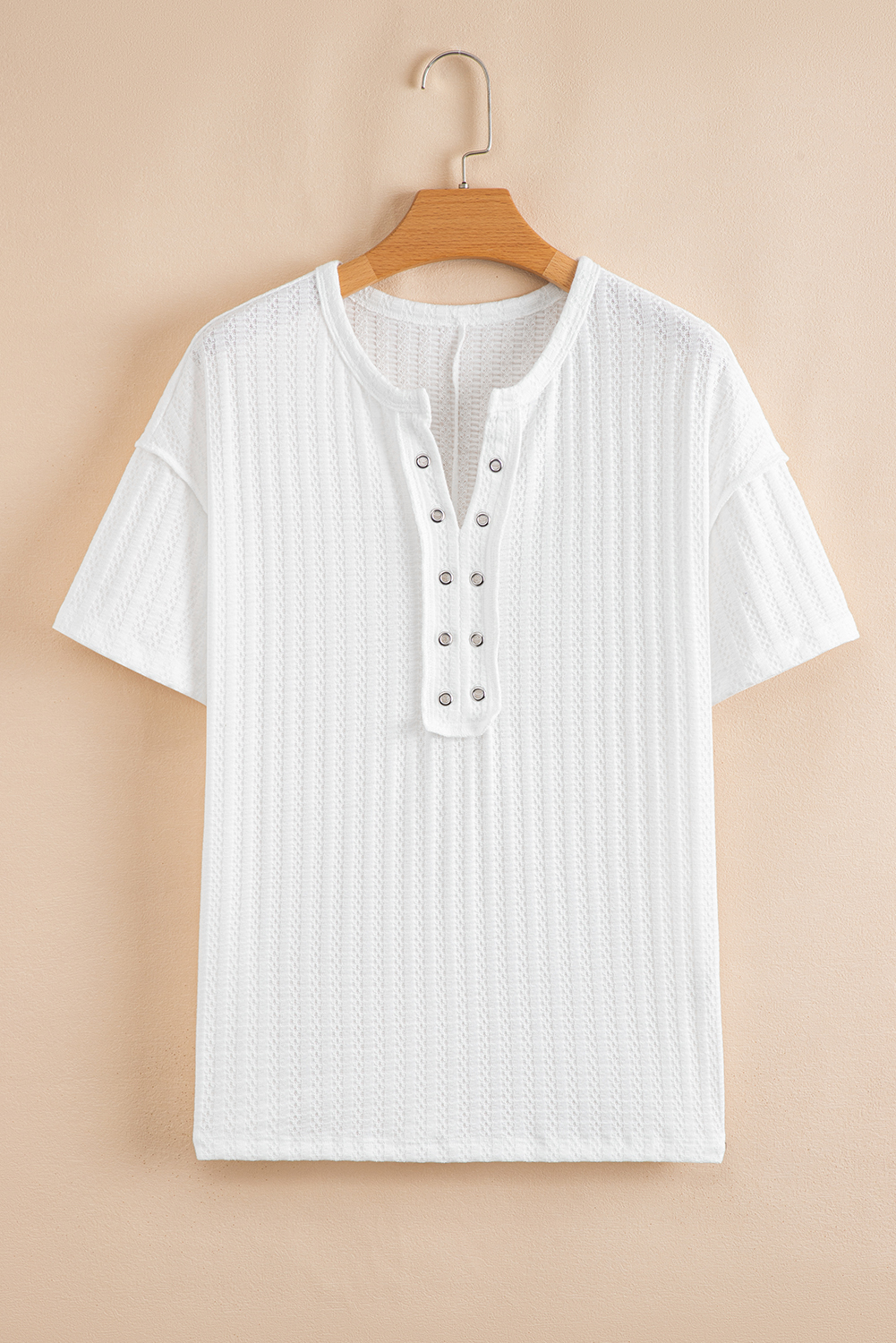 Versatile Women's Short Sleeve V Neck Top - Breathable Textured Design for Summer - Detail View 3 Versatile Women's Short Sleeve V Neck Top - Breathable Textured Design for Summer - Detail View 3