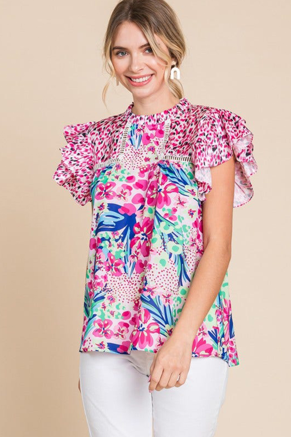 Chic Round Neck Blouse with Ruffled Cap Sleeves - Vibrant Floral Print - Detail View 6 Chic Round Neck Blouse with Ruffled Cap Sleeves - Vibrant Floral Print - Detail View 6