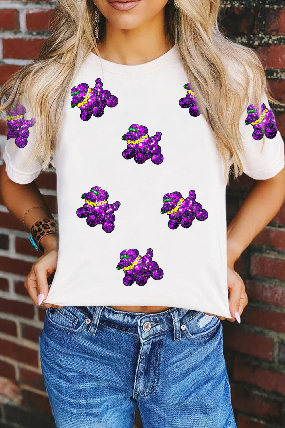 Casual Short Sleeve Crew Neck Tee with Festive Balloon Puppy and Sparkling Sequins - Detail View 7 Casual Short Sleeve Crew Neck Tee with Festive Balloon Puppy and Sparkling Sequins - Detail View 7