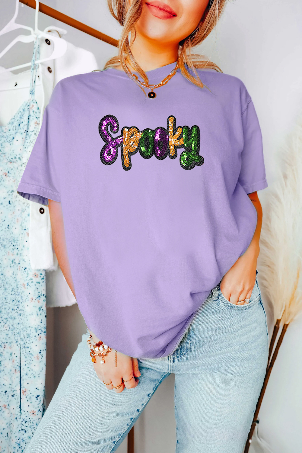 Stylish Purple Cotton Blend T-Shirt with Sequin Slogan - Perfect for Halloween - Detail View 2 Stylish Purple Cotton Blend T-Shirt with Sequin Slogan - Perfect for Halloween - Detail View 2