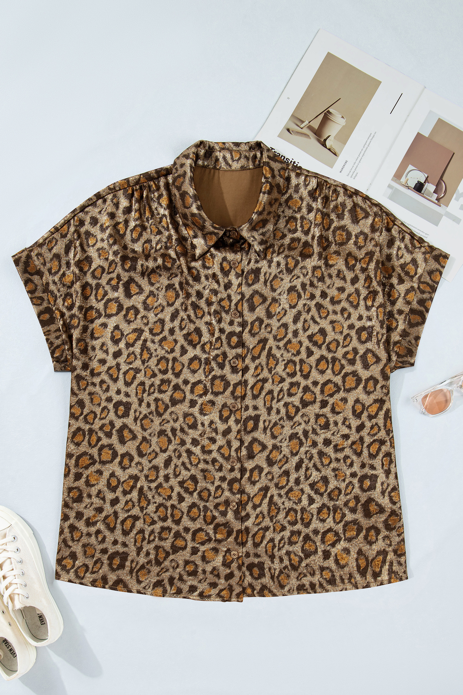 Gold Leopard Print Dolman Shirt for Women – Stylish Plus Size V-Neck Casual Summer Blouse - Detail View 2 Gold Leopard Print Dolman Shirt for Women – Stylish Plus Size V-Neck Casual Summer Blouse - Detail View 2