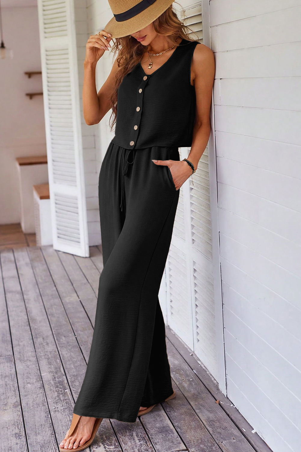 Stylish 2-Piece Black Ensemble: Buttoned Crop Vest & Relaxed Wide Leg Pants - Detail View 7 Stylish 2-Piece Black Ensemble: Buttoned Crop Vest & Relaxed Wide Leg Pants - Detail View 7