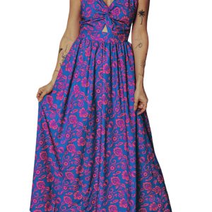 Women's Blue Floral Print Maxi Dress – Twisted V Neck with Tied Back for Summer Occasions - Main View