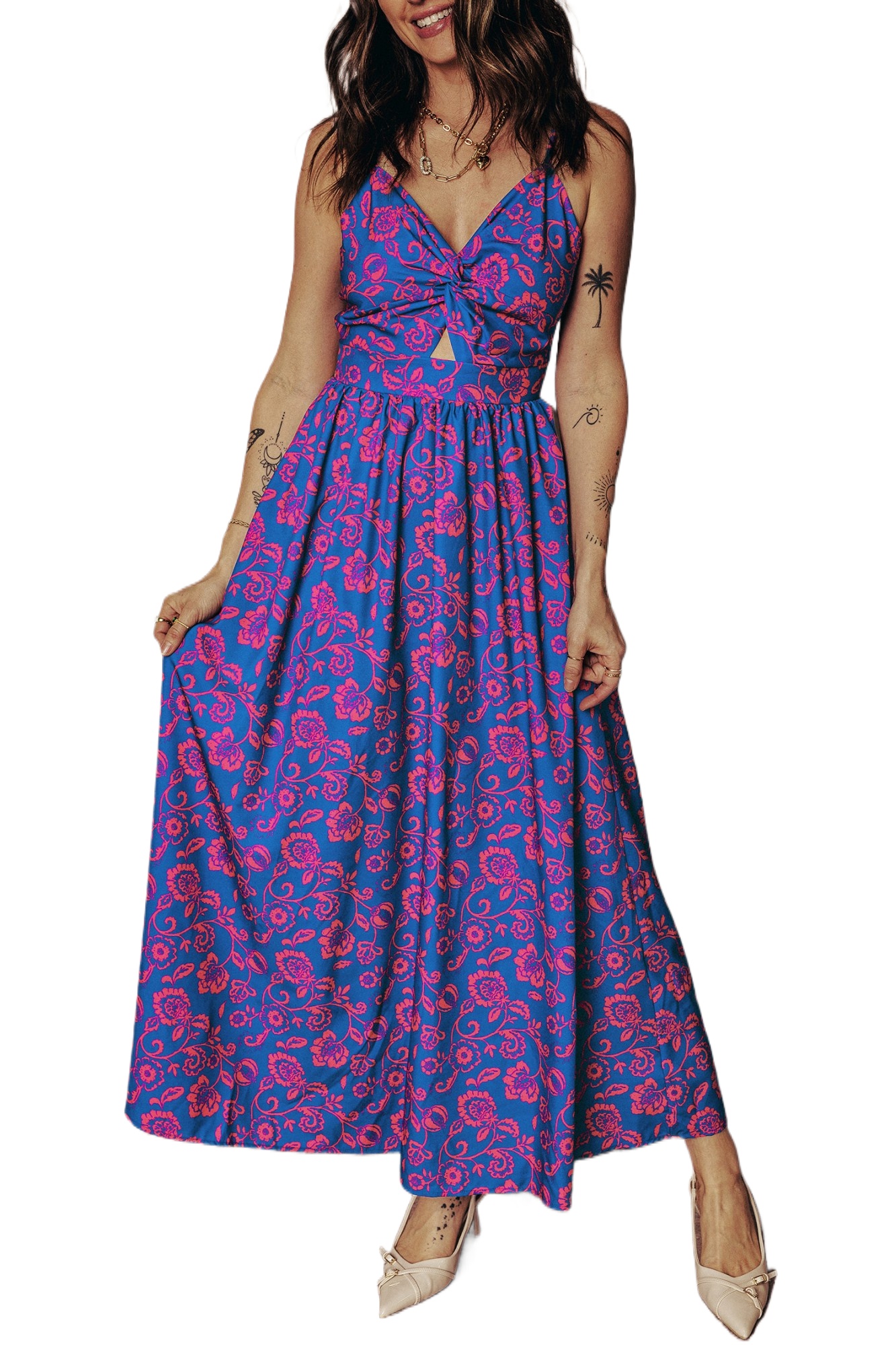 Women's Blue Floral Print Maxi Dress – Twisted V Neck with Tied Back for Summer Occasions - Main View Women's Blue Floral Print Maxi Dress – Twisted V Neck with Tied Back for Summer Occasions - Main View