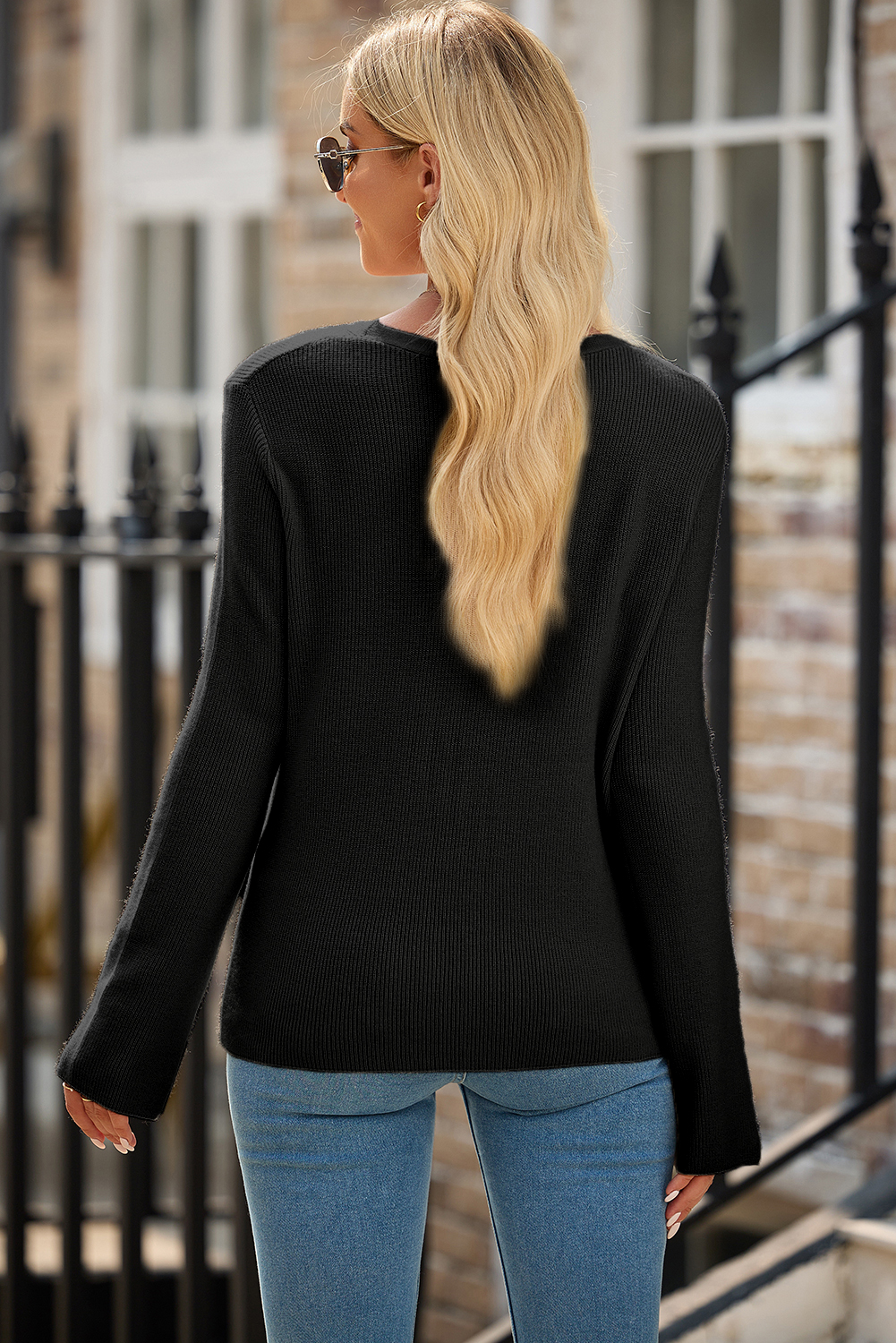 Women's Black Lightweight Ribbed Knit Button Front V Neck Cardigan for Daily Casual Wear - Detail View 5 Women's Black Lightweight Ribbed Knit Button Front V Neck Cardigan for Daily Casual Wear - Detail View 5