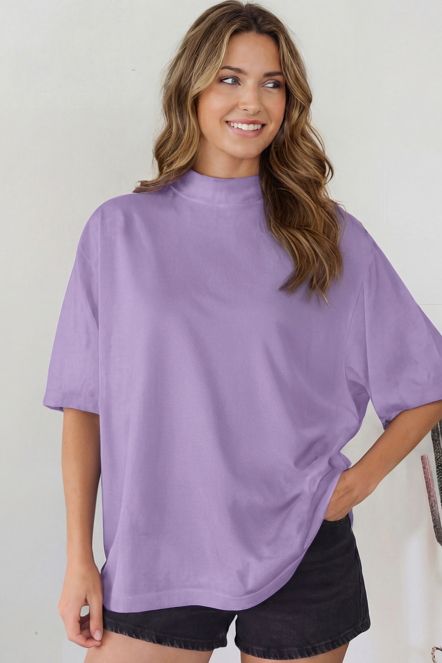 Chic Wisteria High Neck Tee for Women - Casual Oversized Short Sleeve Top, Gift for Her - Detail View 3 Chic Wisteria High Neck Tee for Women - Casual Oversized Short Sleeve Top, Gift for Her - Detail View 3