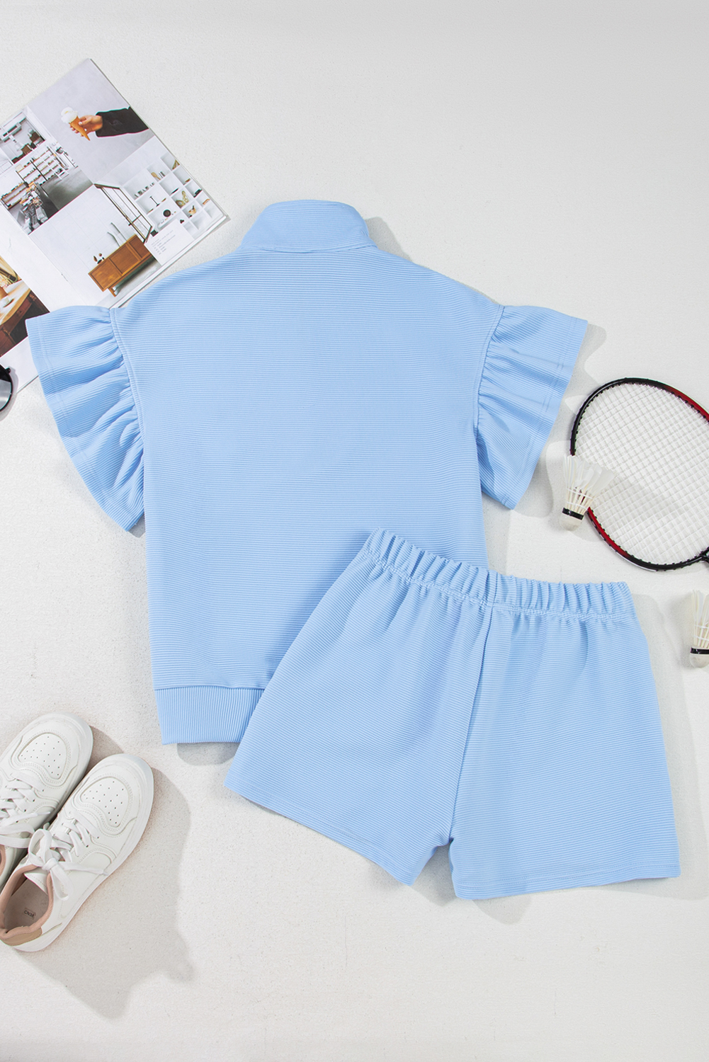 Women's Two-Piece Set, Beau Blue, Ribbed Texture, Half Zip Top, Ruffled Short Sleeve, Matching Shorts, Casual Wear, Summer Outfit, Comfortable, Chic Style, Daily Wear, Solid Color, Shift Silhouette, High Waist Shorts - Detail View 8 Women's Two-Piece Set, Beau Blue, Ribbed Texture, Half Zip Top, Ruffled Short Sleeve, Matching Shorts, Casual Wear, Summer Outfit, Comfortable, Chic Style, Daily Wear, Solid Color, Shift Silhouette, High Waist Shorts - Detail View 8