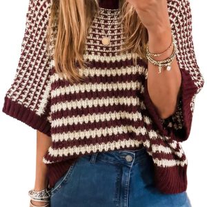 Casual Women's Red Slouchy Sweater with 3/4 Draped Sleeves for Daily Wear - Main View