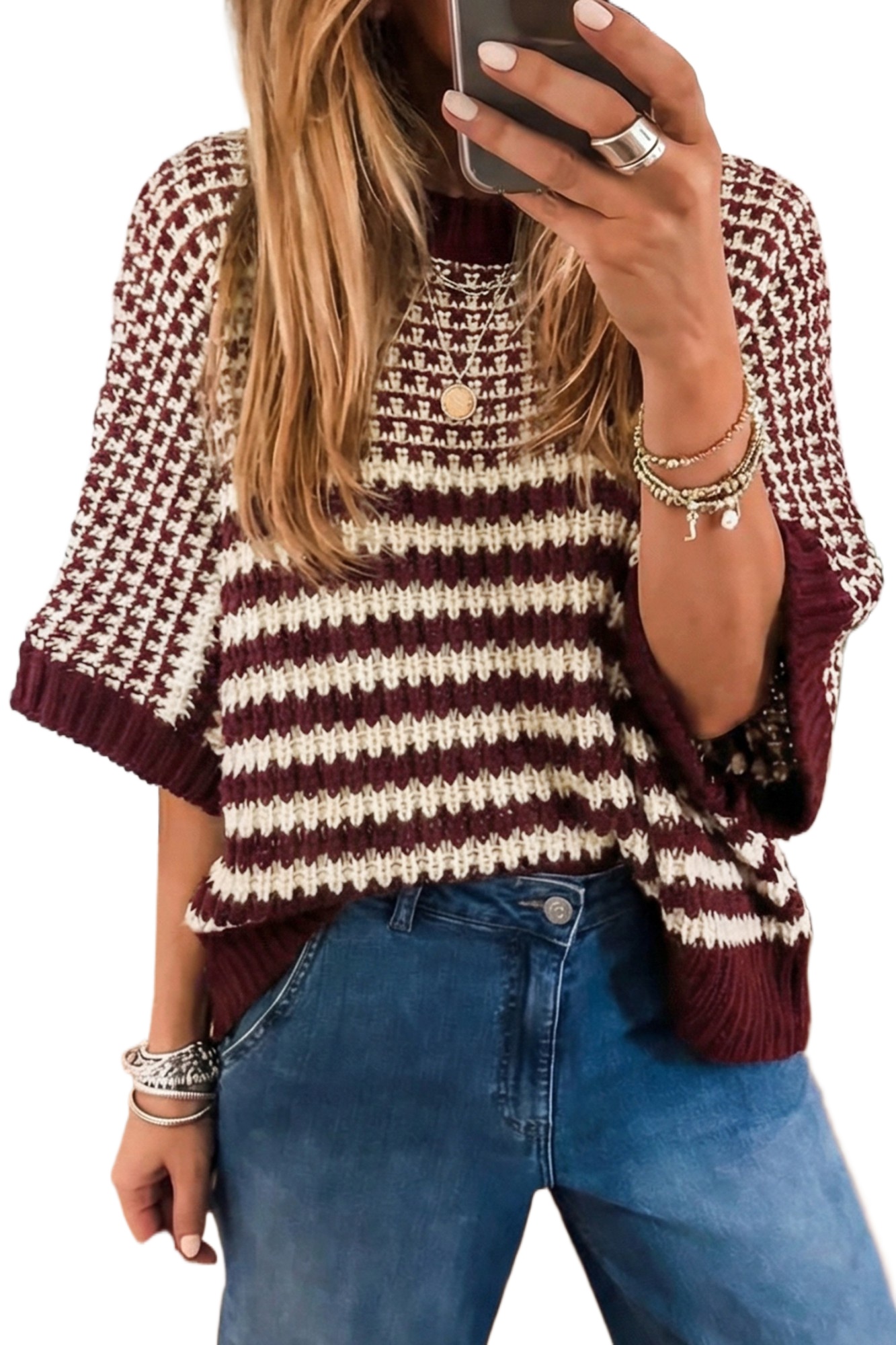 Casual Women's Red Slouchy Sweater with 3/4 Draped Sleeves for Daily Wear - Main View Casual Women's Red Slouchy Sweater with 3/4 Draped Sleeves for Daily Wear - Main View