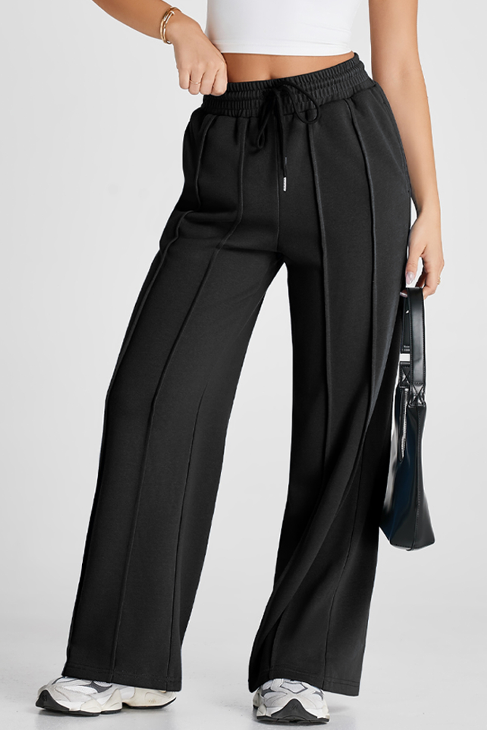 Active Women's Seamed Drawstring Sweatpants in Black for Outdoor Wear - Detail View 5 Active Women's Seamed Drawstring Sweatpants in Black for Outdoor Wear - Detail View 5