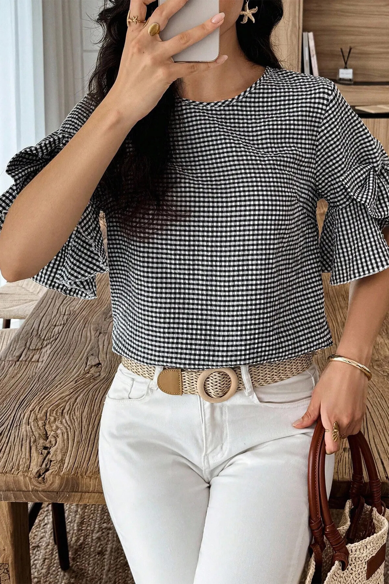 Chic Plaid Shift Top for Women - Ruffled Half Sleeve Round Neck Blouse, Summer Casual Style - Detail View 14 Chic Plaid Shift Top for Women - Ruffled Half Sleeve Round Neck Blouse, Summer Casual Style - Detail View 14