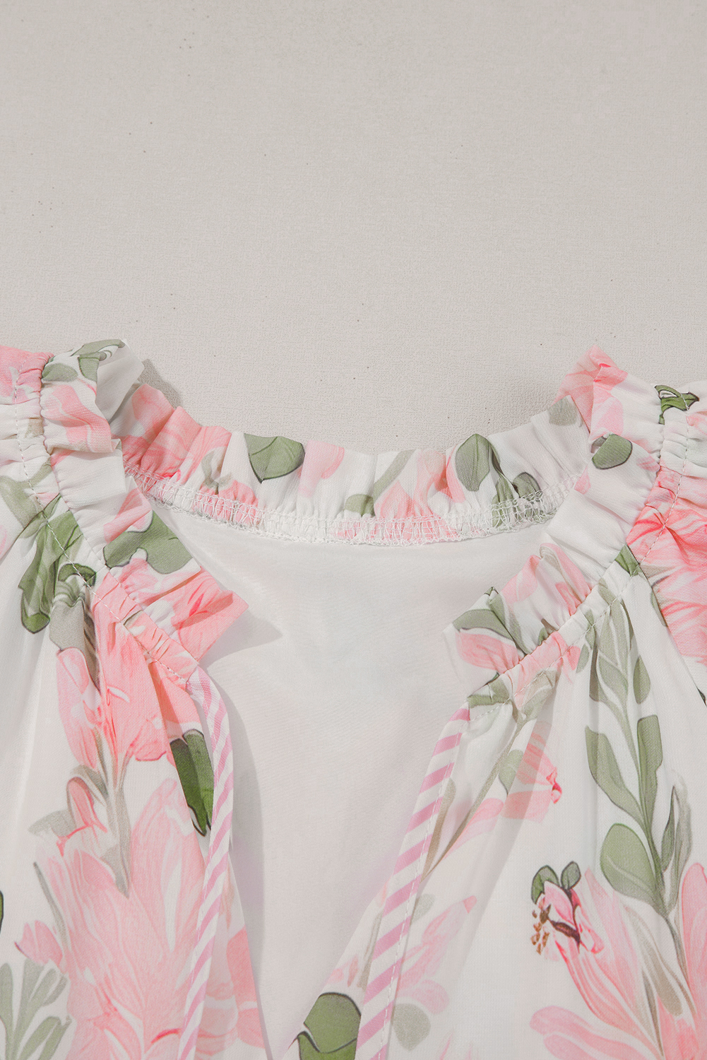 Pink Floral Summer Dress, V Neck Tiered Casual Mini Outfit - Detail View 14 Pink Floral Summer Dress, V Neck Tiered Casual Mini Outfit - Detail View 14