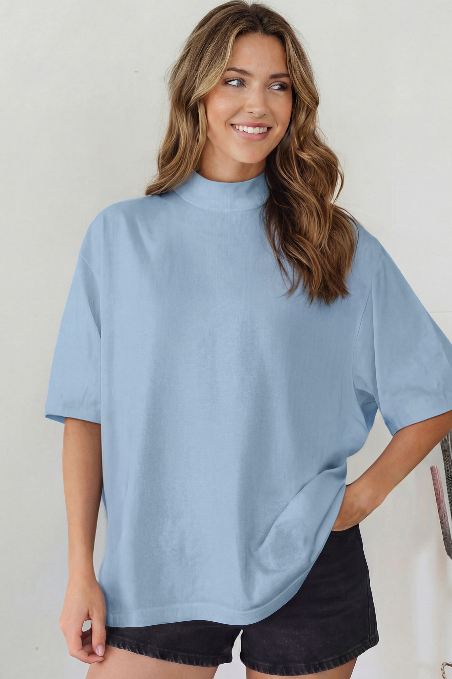 Women's Loose Fit High Neck Tee – Beau Blue Short Sleeve Shift Top, Thoughtful Gift for Her - Detail View 3 Women's Loose Fit High Neck Tee – Beau Blue Short Sleeve Shift Top, Thoughtful Gift for Her - Detail View 3