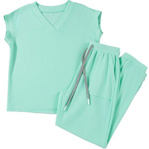 Women's Mint Green V Neck Tee and Drawstring Pant Set – Casual Summer Outfit for Daily Wear - Main View