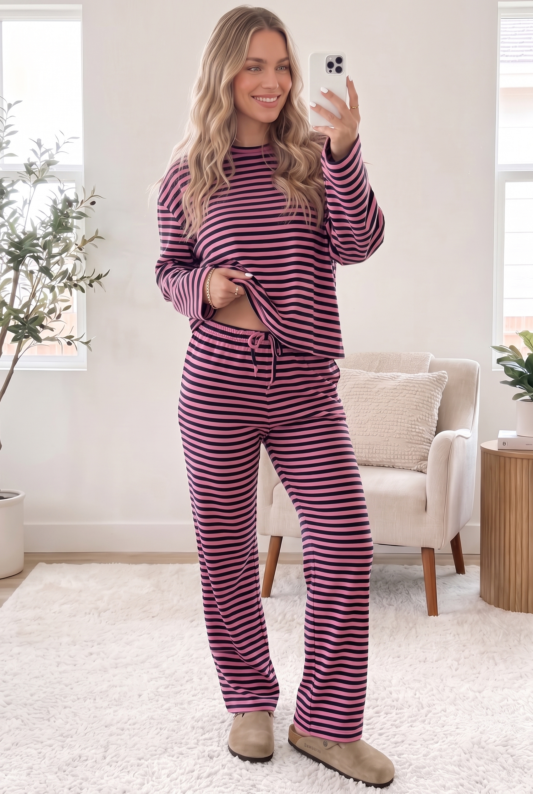 Striped Women's Lounge Set, Casual Daily Home Wear - Detail View 13 Striped Women's Lounge Set, Casual Daily Home Wear - Detail View 13