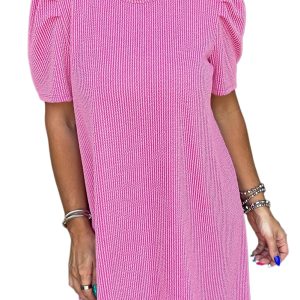 Women's Bright Pink Corded Knit Crew Neck Puff Sleeve Shift Mini Dress - Main View