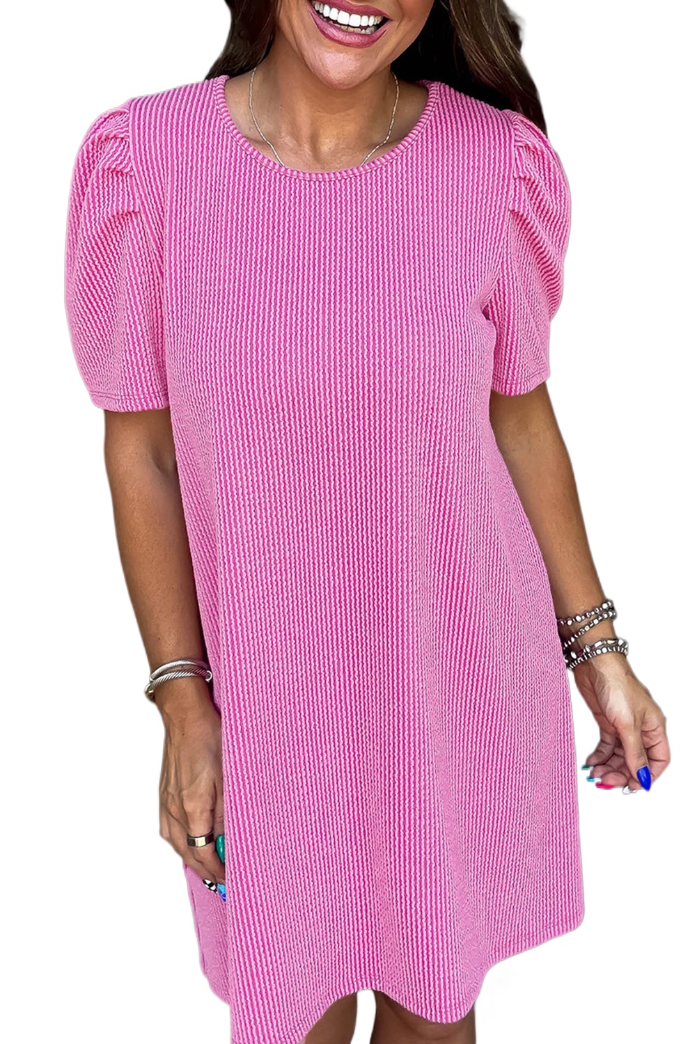 Women's Bright Pink Corded Knit Crew Neck Puff Sleeve Shift Mini Dress - Main View Women's Bright Pink Corded Knit Crew Neck Puff Sleeve Shift Mini Dress - Main View