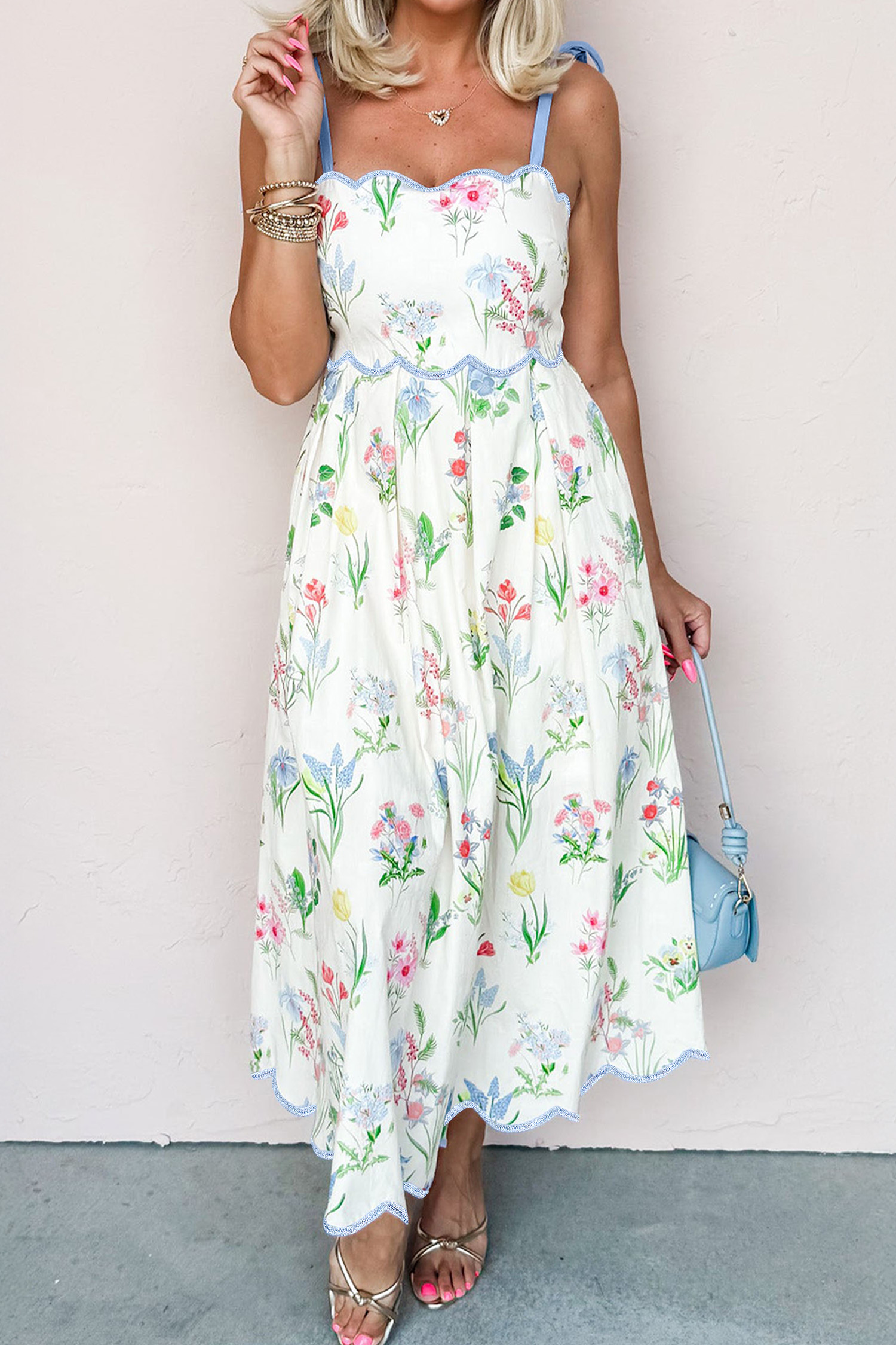 Women's Beige Floral A-Line Long Dress with Pockets – Chic Sleeveless Summer Vacation Style - Detail View 9 Women's Beige Floral A-Line Long Dress with Pockets – Chic Sleeveless Summer Vacation Style - Detail View 9