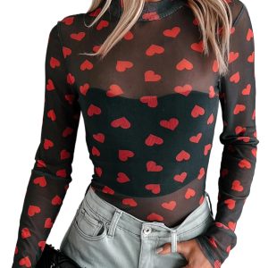 Women's Black Heart Printed Sheer Mesh Long Sleeve Top – Chic Casual Wear for Valentine's Day - Main View