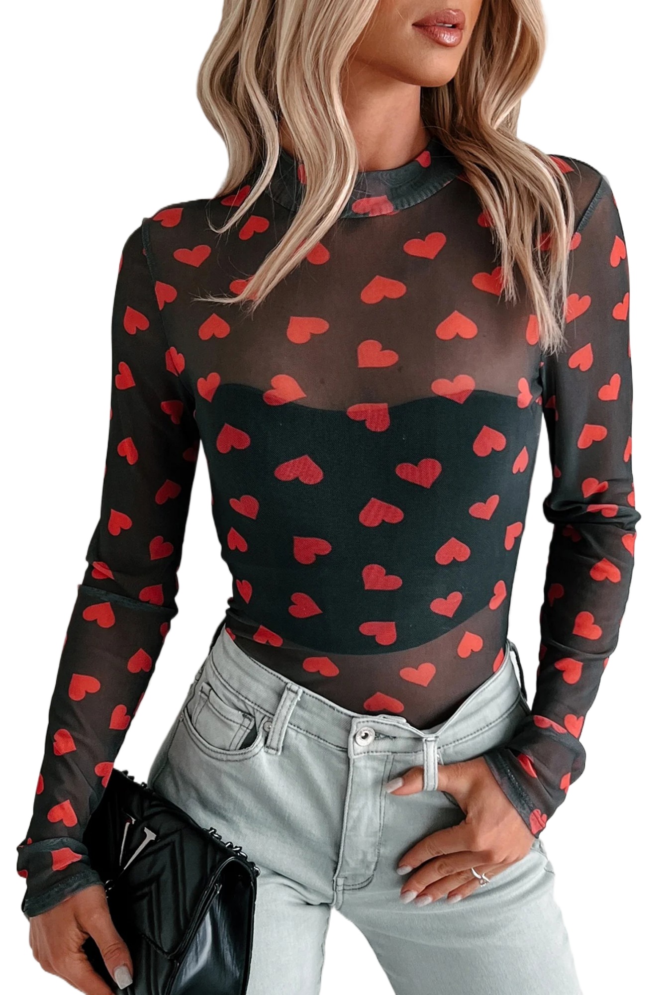 Women's Black Heart Printed Sheer Mesh Long Sleeve Top – Chic Casual Wear for Valentine's Day - Main View Women's Black Heart Printed Sheer Mesh Long Sleeve Top – Chic Casual Wear for Valentine's Day - Main View