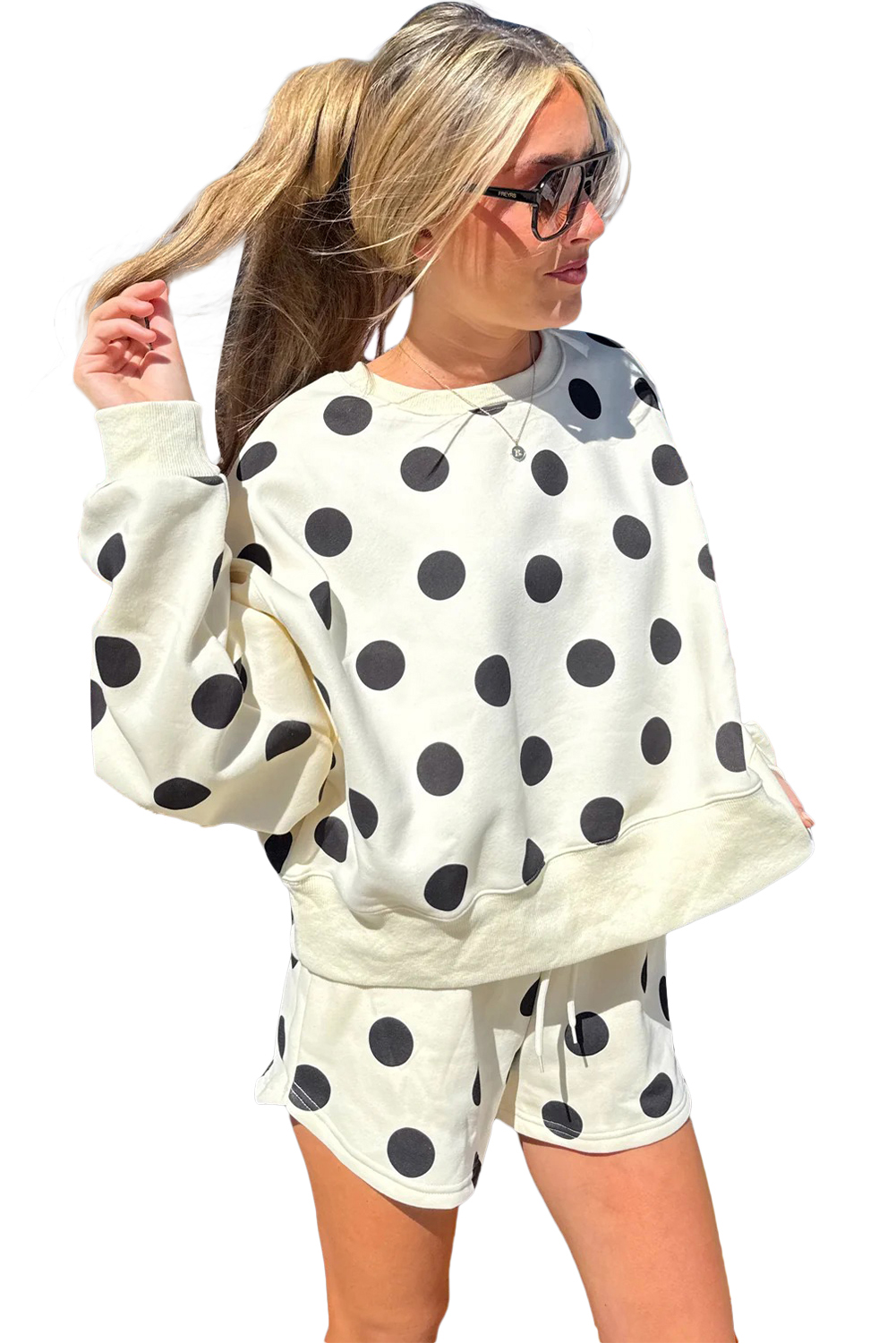 Chic Women's Beige Polka Dot Pullover & Drawstring Shorts Set for Spring Outings - Main View Chic Women's Beige Polka Dot Pullover & Drawstring Shorts Set for Spring Outings - Main View