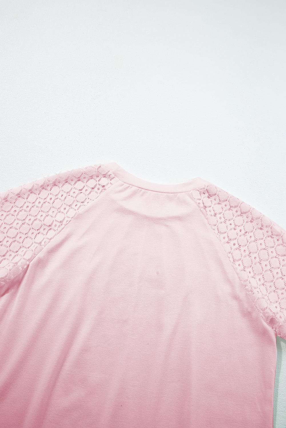 Women's Pink Contrast Lace Raglan Sleeve Tee – Stylish Casual Top for Summer Days - Detail View 13 Women's Pink Contrast Lace Raglan Sleeve Tee – Stylish Casual Top for Summer Days - Detail View 13