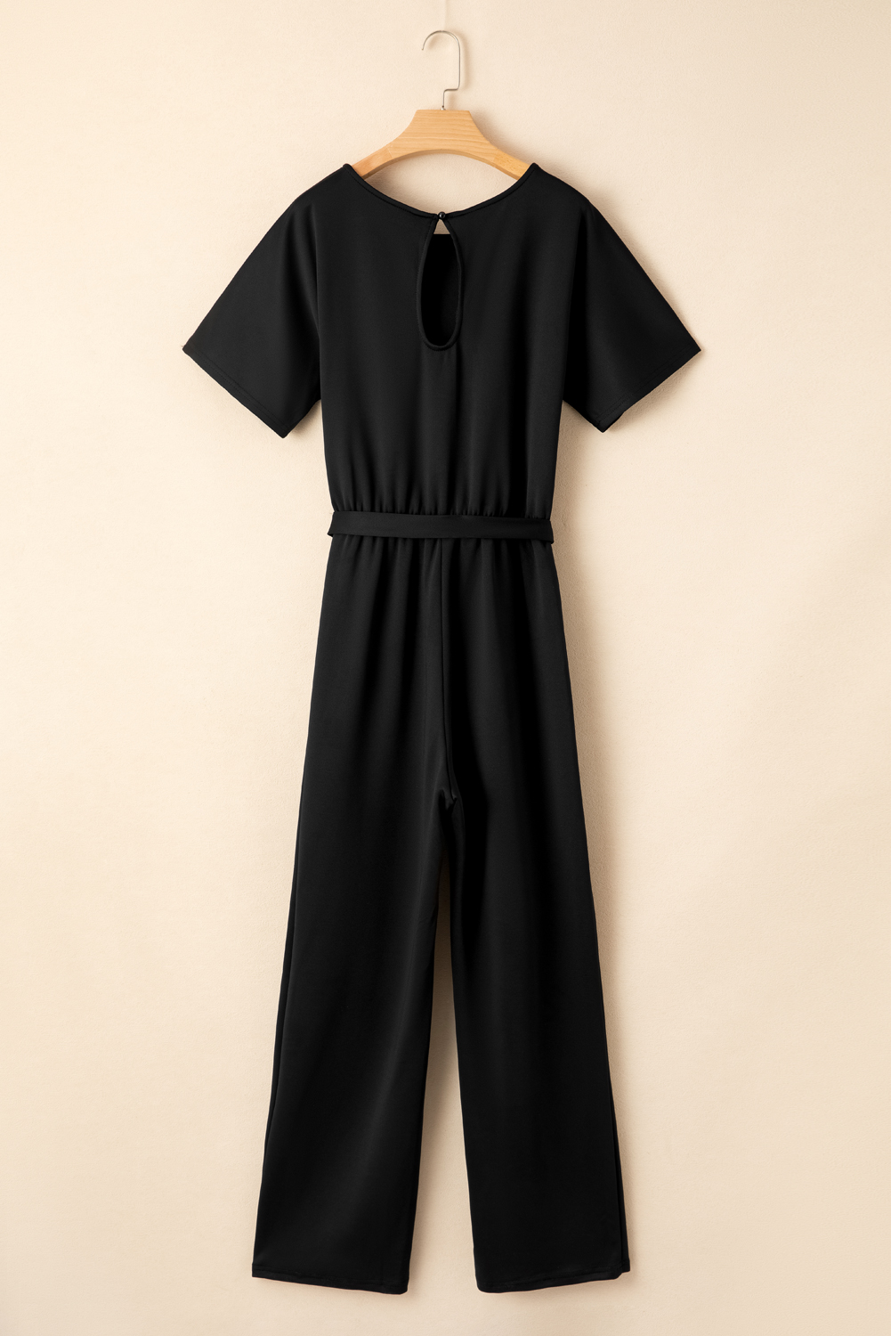 Summer-Ready Black Jumpsuit with Belted Waist and Elegant Dolman Sleeves - Detail View 3 Summer-Ready Black Jumpsuit with Belted Waist and Elegant Dolman Sleeves - Detail View 3