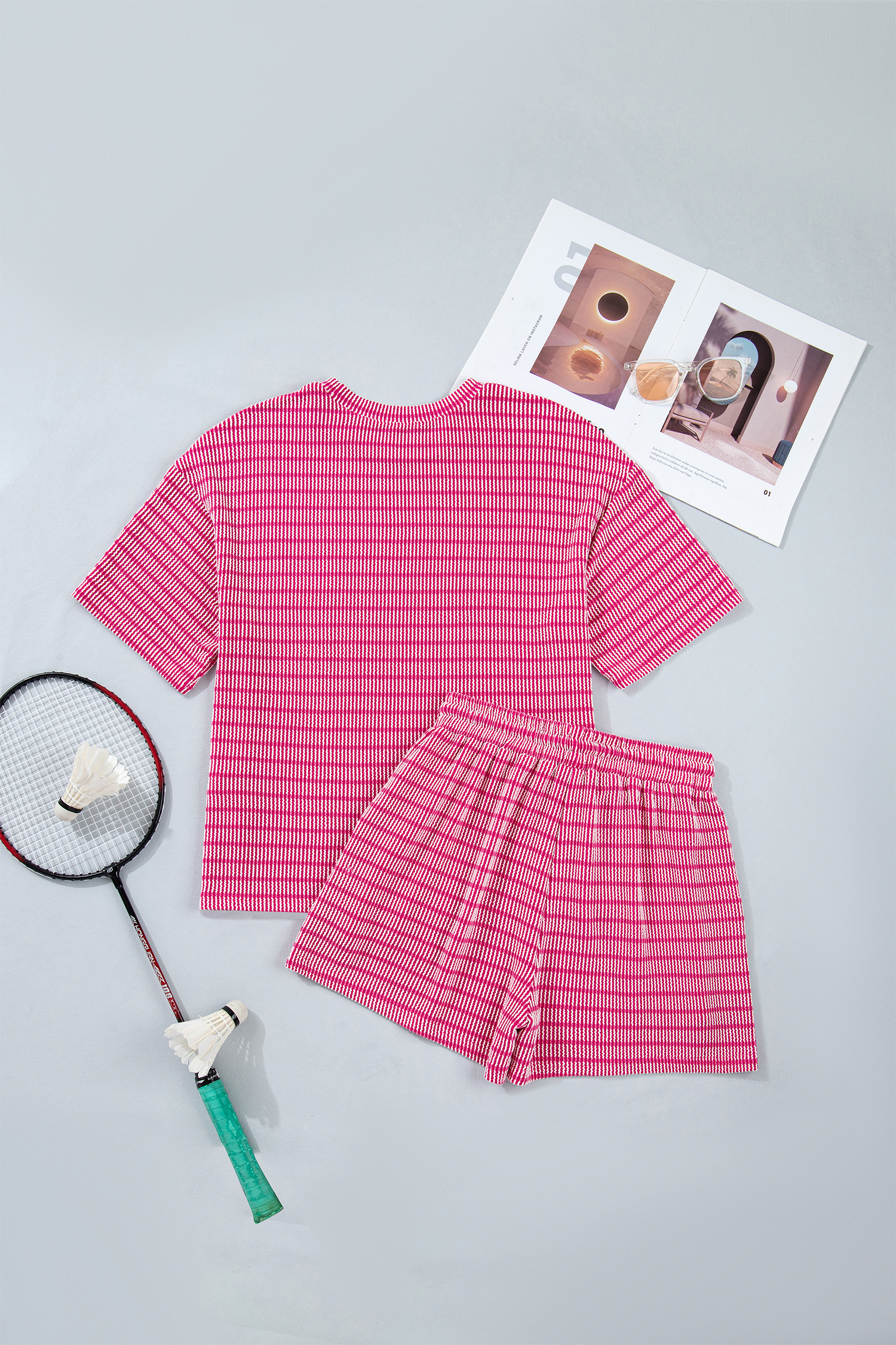 Summer Loungewear Set for Women – Rose Striped Loose Tee and Drawstring Shorts Outfit - Detail View 5 Summer Loungewear Set for Women – Rose Striped Loose Tee and Drawstring Shorts Outfit - Detail View 5