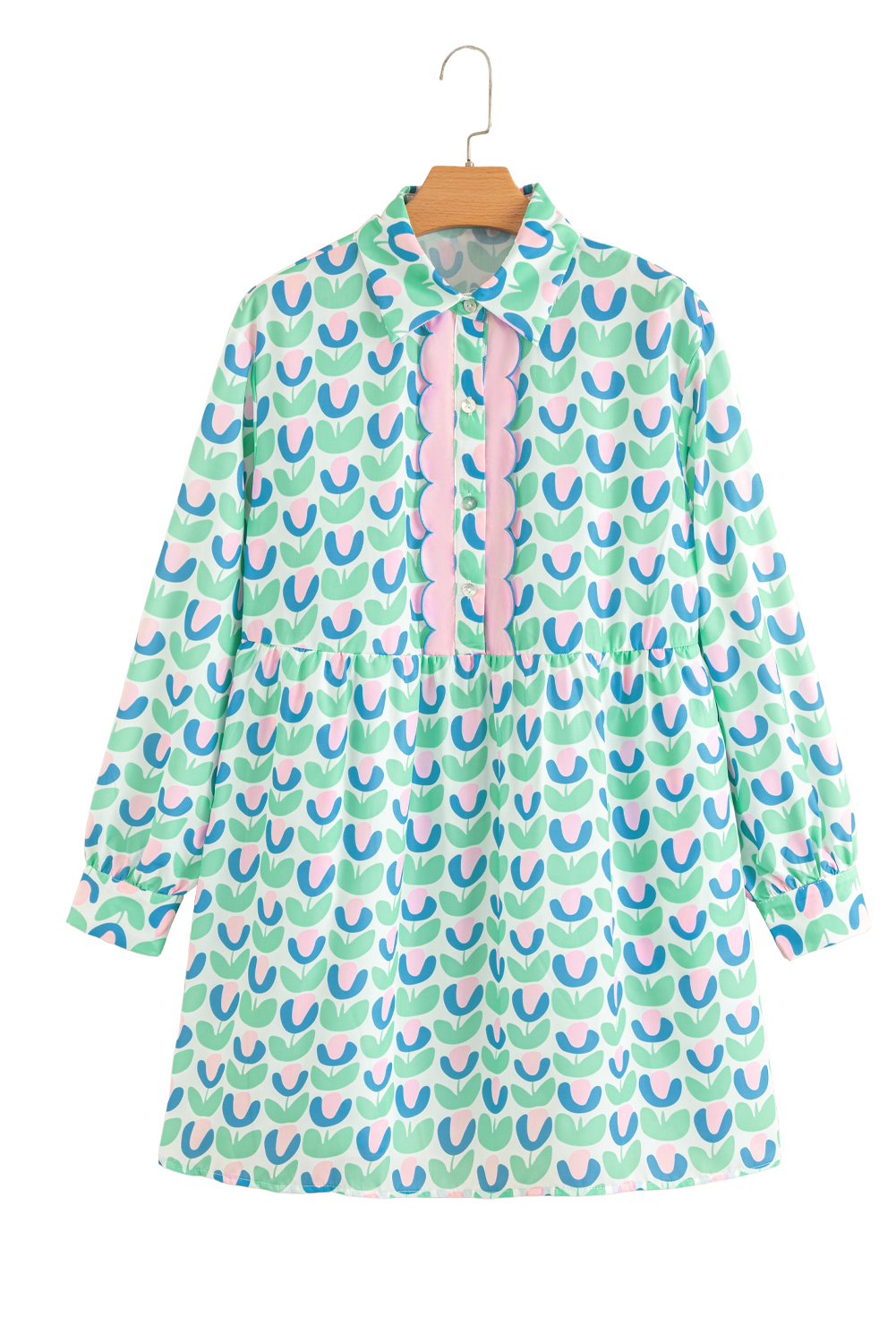 Women's Dress, Green Floral Print, Long Sleeve, Mini Dress, Notched Neck, Scalloped Detail, Casual Style, Spring Fashion, Daily Wear, H-Line Silhouette, Comfortable Dress, Elegant Design, Floral Pattern - Detail View 48 Women's Dress, Green Floral Print, Long Sleeve, Mini Dress, Notched Neck, Scalloped Detail, Casual Style, Spring Fashion, Daily Wear, H-Line Silhouette, Comfortable Dress, Elegant Design, Floral Pattern - Detail View 48