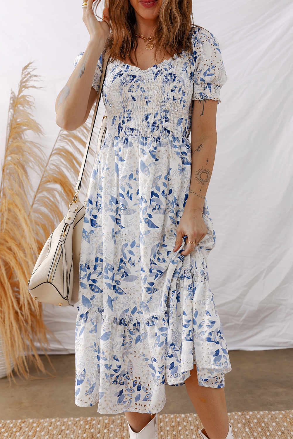 Women's Sky Blue Floral Midi Dress – Smocked Bodice with Short Puff Sleeves for Casual Summer Vibes - Detail View 10 Women's Sky Blue Floral Midi Dress – Smocked Bodice with Short Puff Sleeves for Casual Summer Vibes - Detail View 10