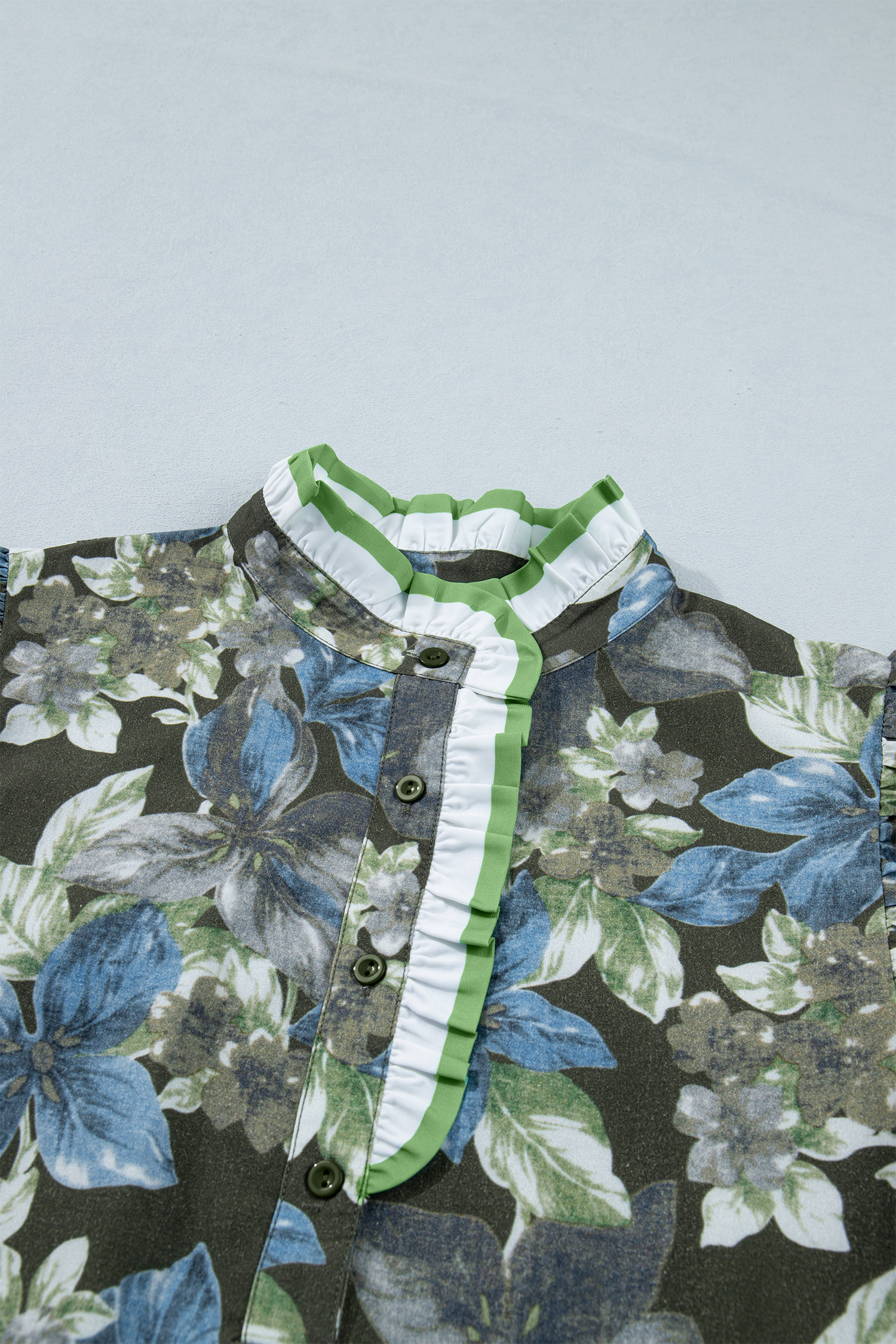 Professional Green Floral Print Blouse for Women – Stand Neck Ruffled Short Sleeve Office Top - Detail View 5 Professional Green Floral Print Blouse for Women – Stand Neck Ruffled Short Sleeve Office Top - Detail View 5