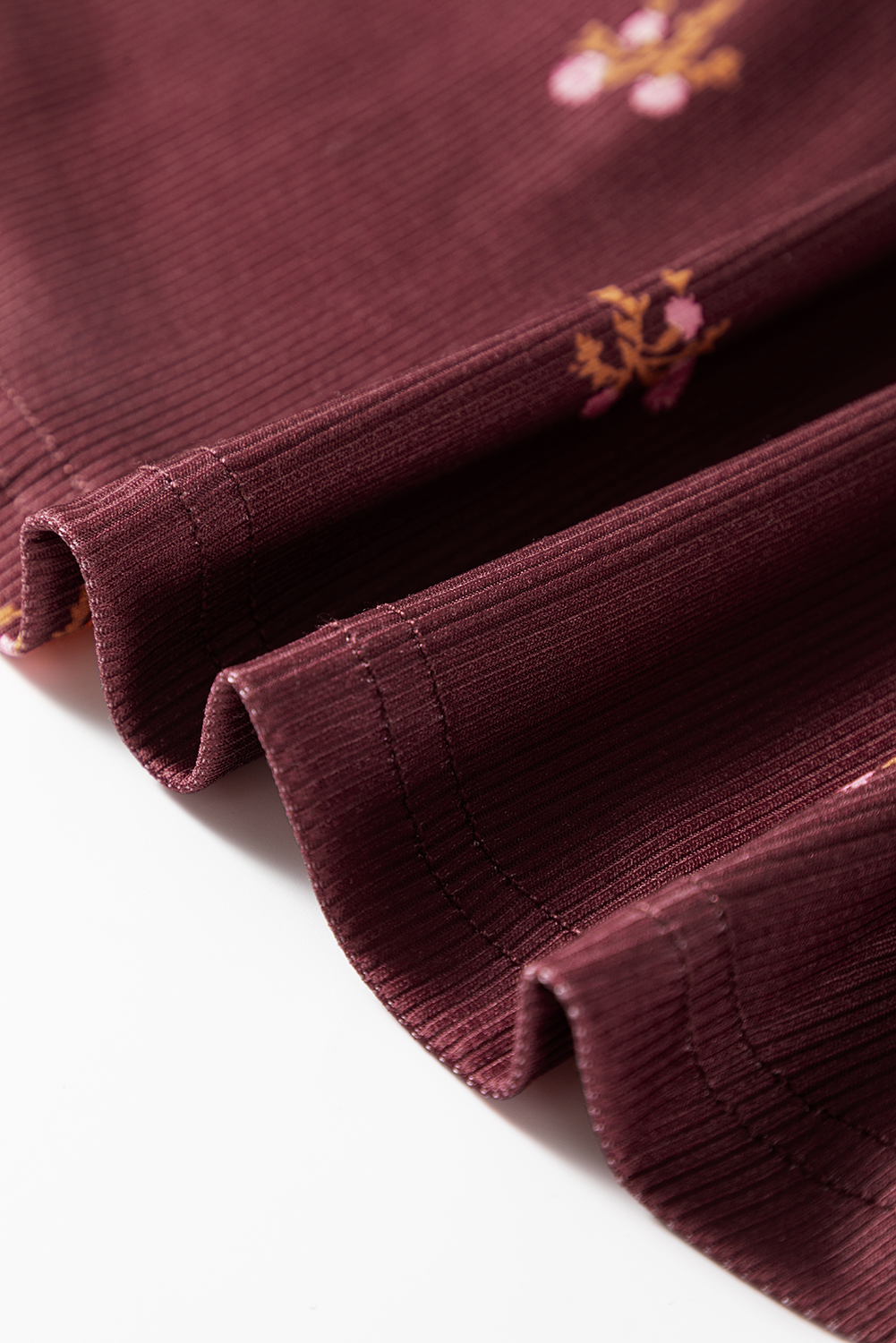 Women's Top, Burgundy, Long Sleeve, Floral Print, Ribbed Fabric, Casual Style, V Neck, Daily Wear, Autumn Fashion, Comfortable Fit, Sheath Silhouette, Fall Wardrobe Essentials - Detail View 12 Women's Top, Burgundy, Long Sleeve, Floral Print, Ribbed Fabric, Casual Style, V Neck, Daily Wear, Autumn Fashion, Comfortable Fit, Sheath Silhouette, Fall Wardrobe Essentials - Detail View 12
