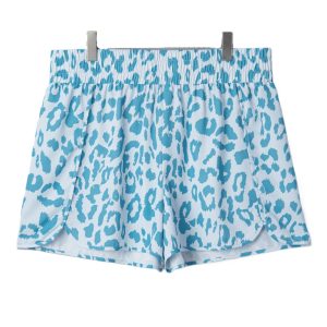 Women's Plus Size Leopard Print Athletic Shorts – High Waist Elastic Workout Shorts, Beau Blue - Main View
