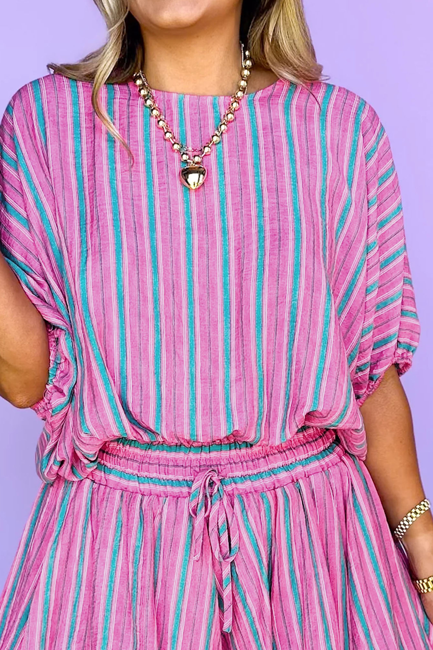 Stylish Pink Stripe Two-Piece Outfit for Women – Dolman Short Sleeve Top & Drawstring Waist Shorts, Summer Gift - Detail View 5 Stylish Pink Stripe Two-Piece Outfit for Women – Dolman Short Sleeve Top & Drawstring Waist Shorts, Summer Gift - Detail View 5