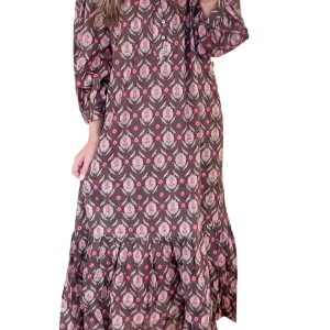 Women's Floral Midi Dress, Vintage Brown Ruffle Hem Style - Main View