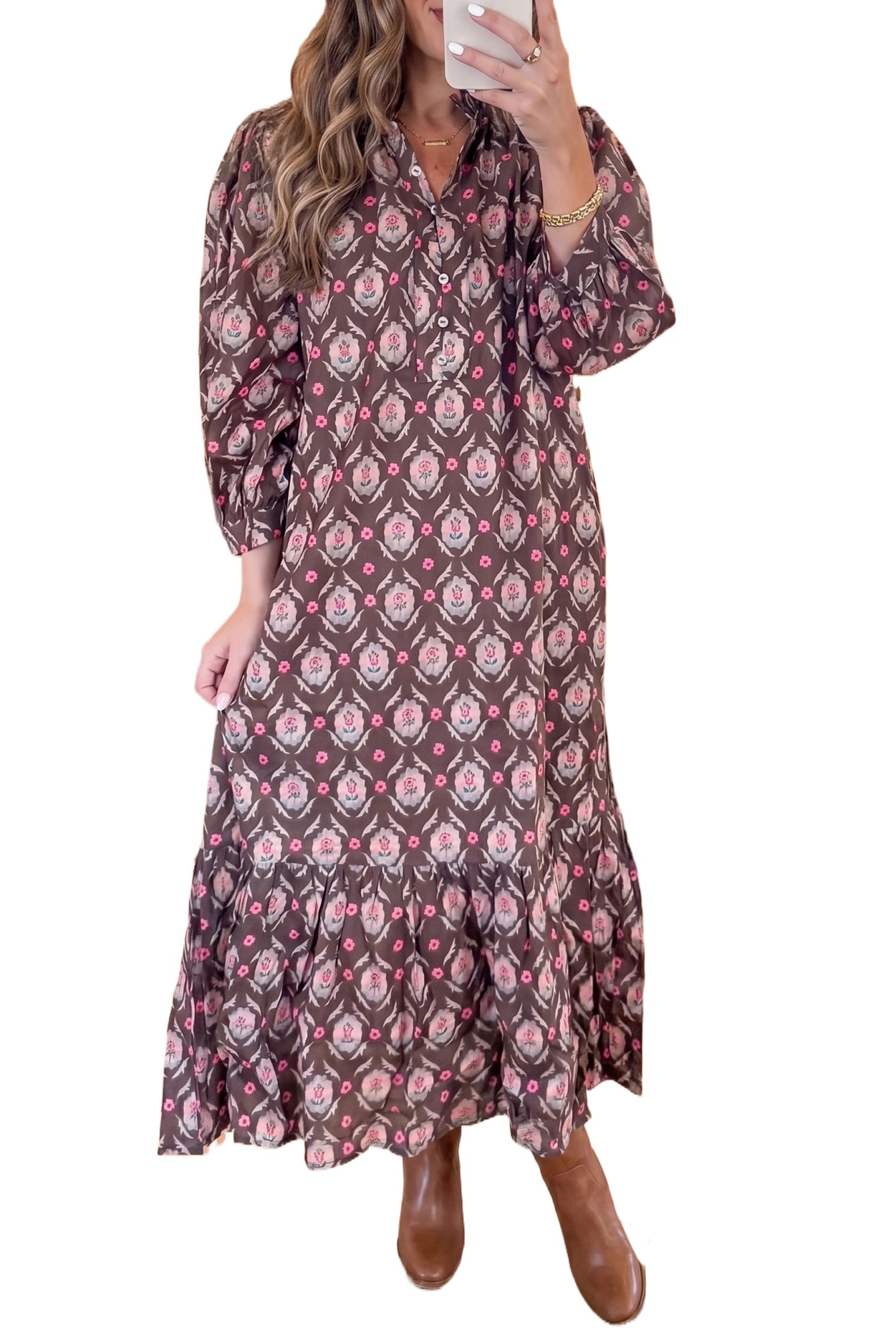 Women's Floral Midi Dress, Vintage Brown Ruffle Hem Style - Main View Women's Floral Midi Dress, Vintage Brown Ruffle Hem Style - Main View