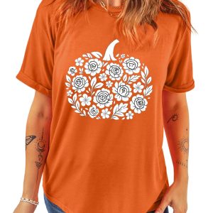 Orange Floral Pumpkin Women's T Shirt, Casual Round Neck Tee - Main View