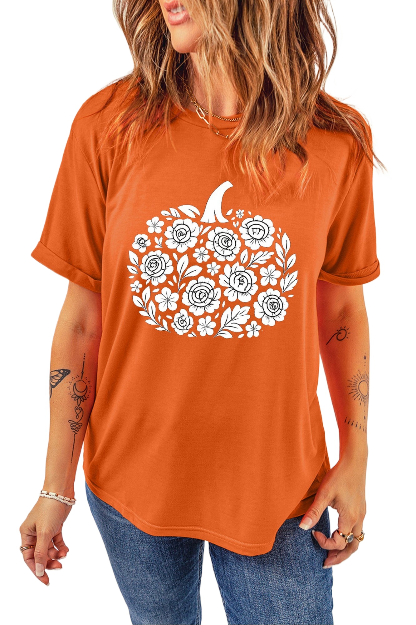 Orange Floral Pumpkin Women's T Shirt, Casual Round Neck Tee - Main View Orange Floral Pumpkin Women's T Shirt, Casual Round Neck Tee - Main View