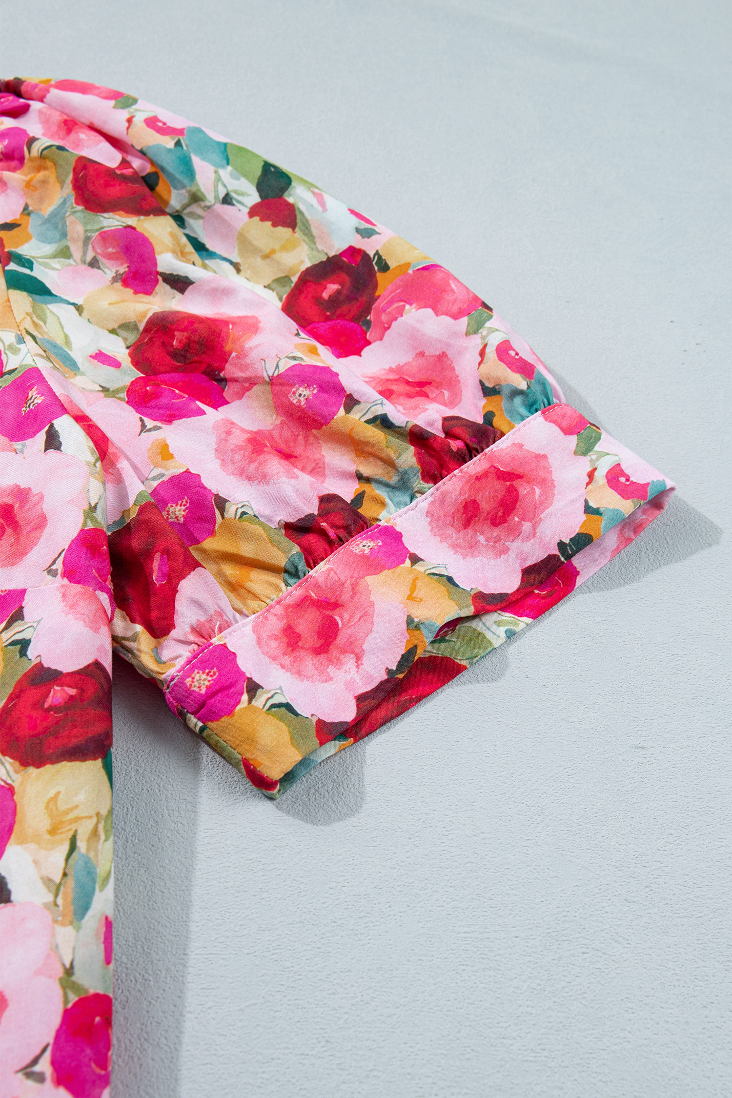 Summer Short Sleeve Floral Blouse for Women – Pink V Neck Puff Sleeve Top, Stylish Gift for Her - Detail View 9 Summer Short Sleeve Floral Blouse for Women – Pink V Neck Puff Sleeve Top, Stylish Gift for Her - Detail View 9
