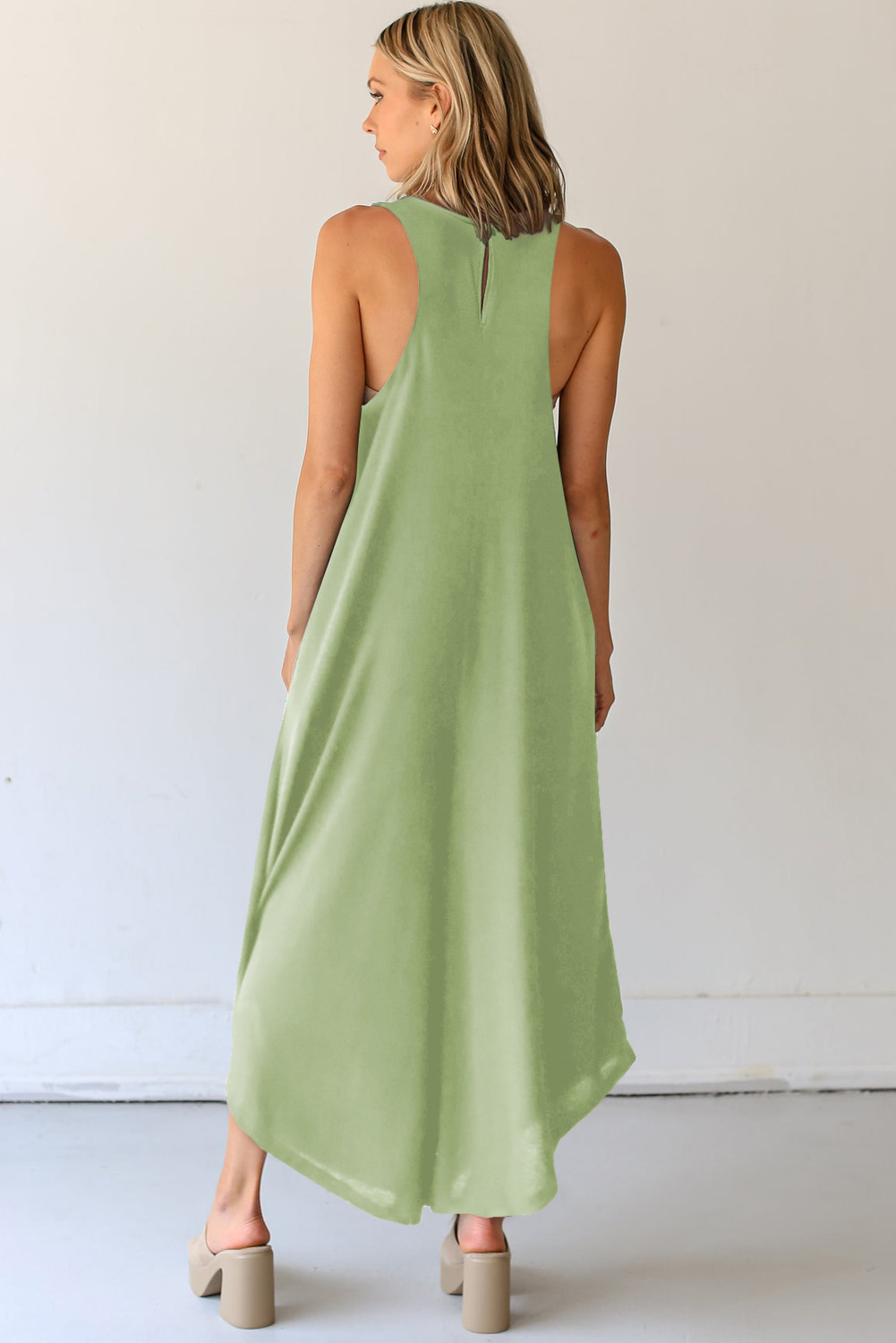 Women's V-Neck Summer Jumpsuit – Loose Wide Leg Sleeveless Shift Romper, Grass Green Casual Wear - Detail View 8 Women's V-Neck Summer Jumpsuit – Loose Wide Leg Sleeveless Shift Romper, Grass Green Casual Wear - Detail View 8