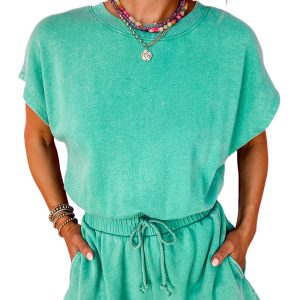 Women's Sea Green Romper, Vintage Mineral Wash Short Sleeve - Main View