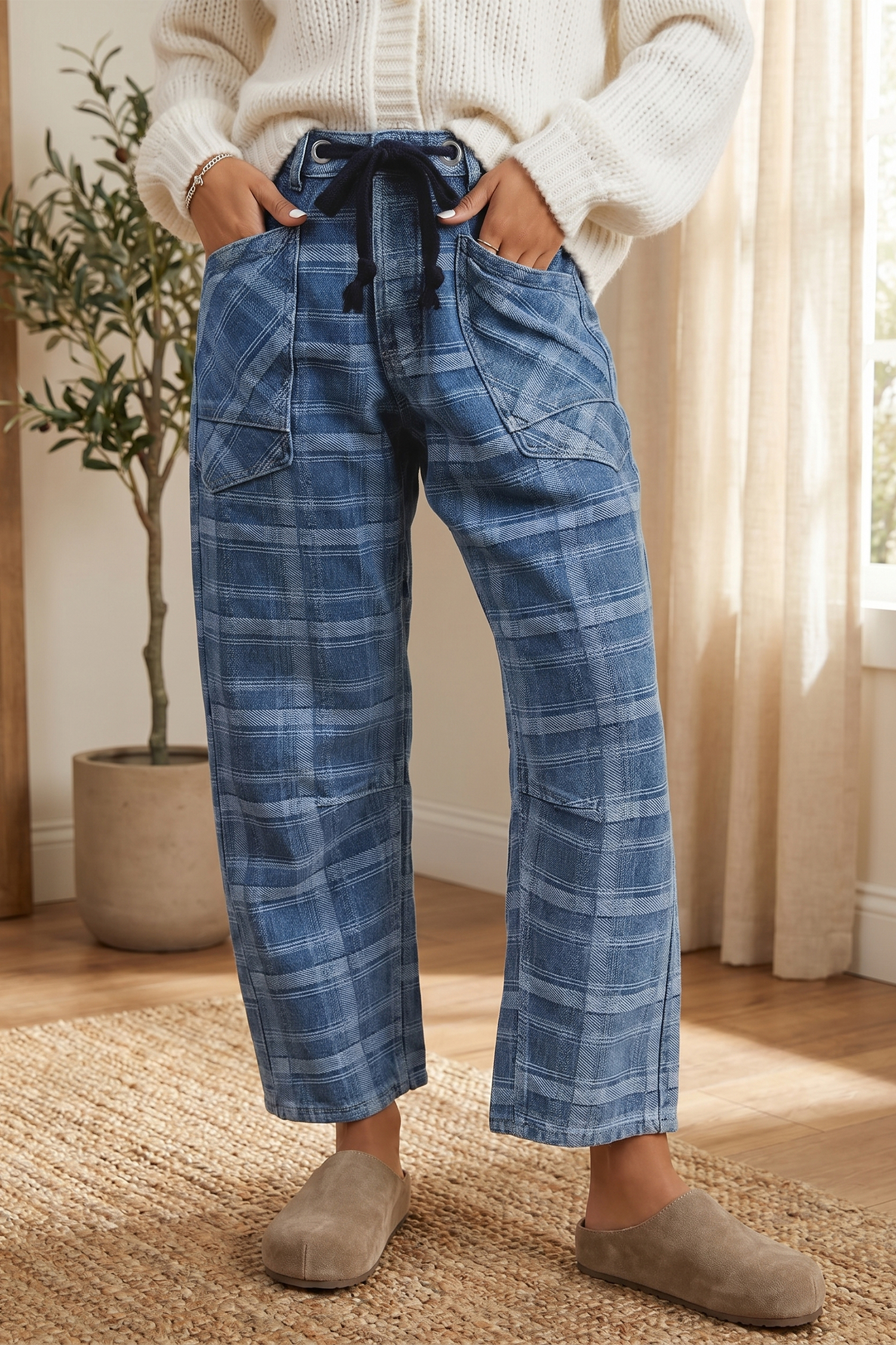 Women's Plaid Ankle Length Jeans, Blue Grommet Waist - Detail View 8 Women's Plaid Ankle Length Jeans, Blue Grommet Waist - Detail View 8