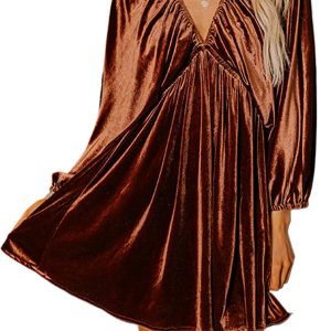 Women's Clay Velvet V Neck Puff Sleeve Short Dress - Elegant & Trendy - Main View