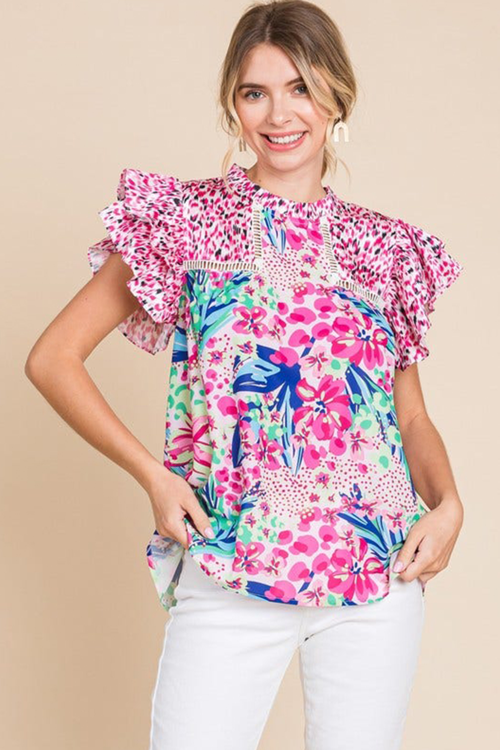 Women's Blouse, Pink Floral, Mixed Print, Ruffle Cap Sleeves, Casual Wear, Summer Fashion, Comfortable Fabric, Breathable Top, Versatile Blouse, Daily Wear, Stylish Design, Country Style, Shift Silhouette - Detail View 8 Women's Blouse, Pink Floral, Mixed Print, Ruffle Cap Sleeves, Casual Wear, Summer Fashion, Comfortable Fabric, Breathable Top, Versatile Blouse, Daily Wear, Stylish Design, Country Style, Shift Silhouette - Detail View 8