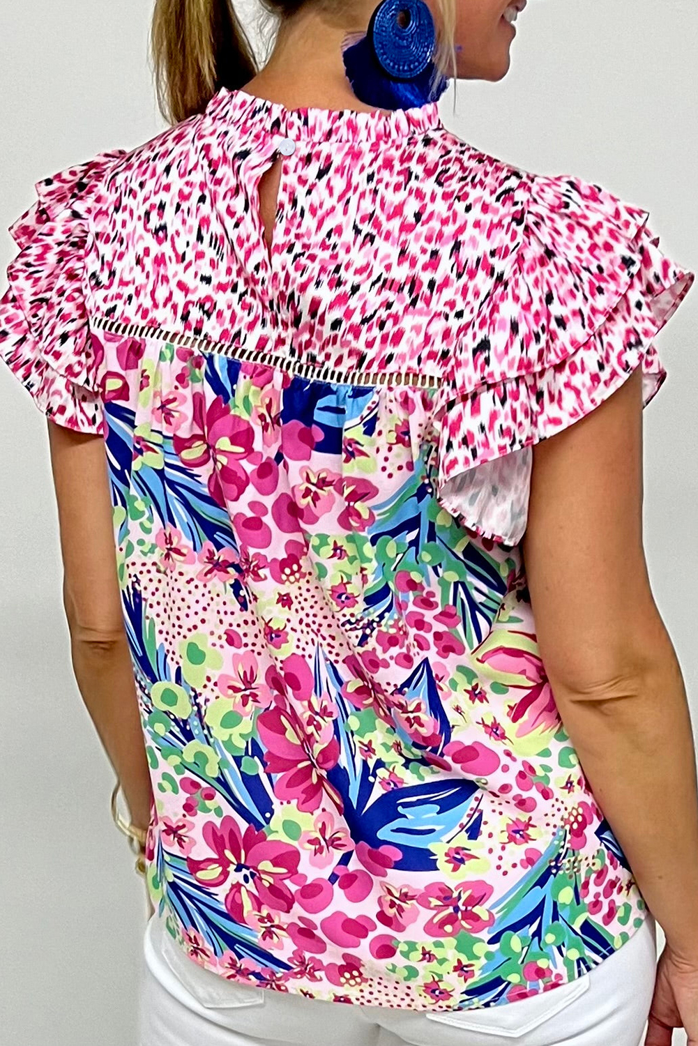 Chic Round Neck Blouse with Ruffled Cap Sleeves - Vibrant Floral Print - Detail View 2 Chic Round Neck Blouse with Ruffled Cap Sleeves - Vibrant Floral Print - Detail View 2
