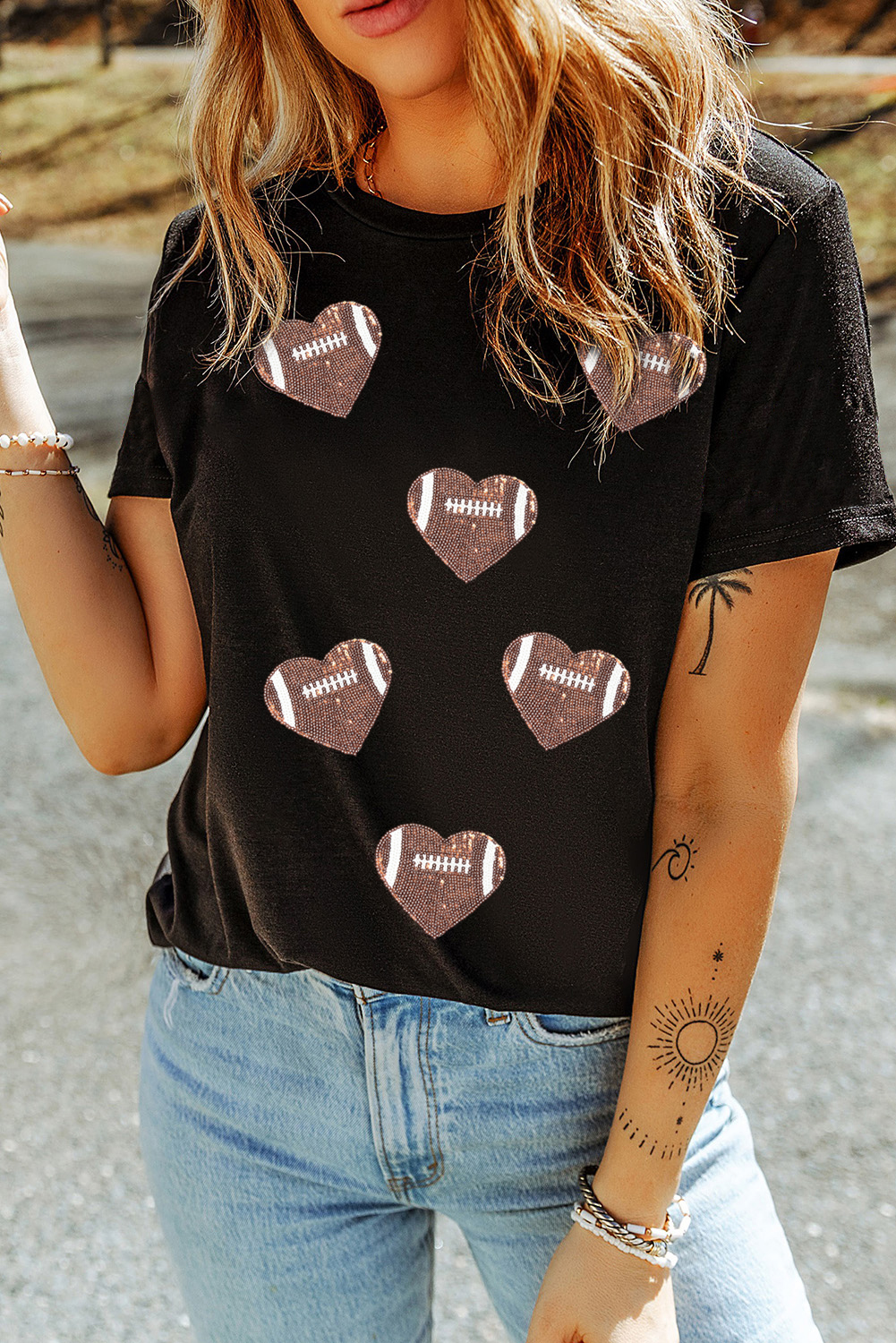 Trendy Black Rugby Football Tee with Heart-Shaped Sequin Detail - Detail View 6 Trendy Black Rugby Football Tee with Heart-Shaped Sequin Detail - Detail View 6