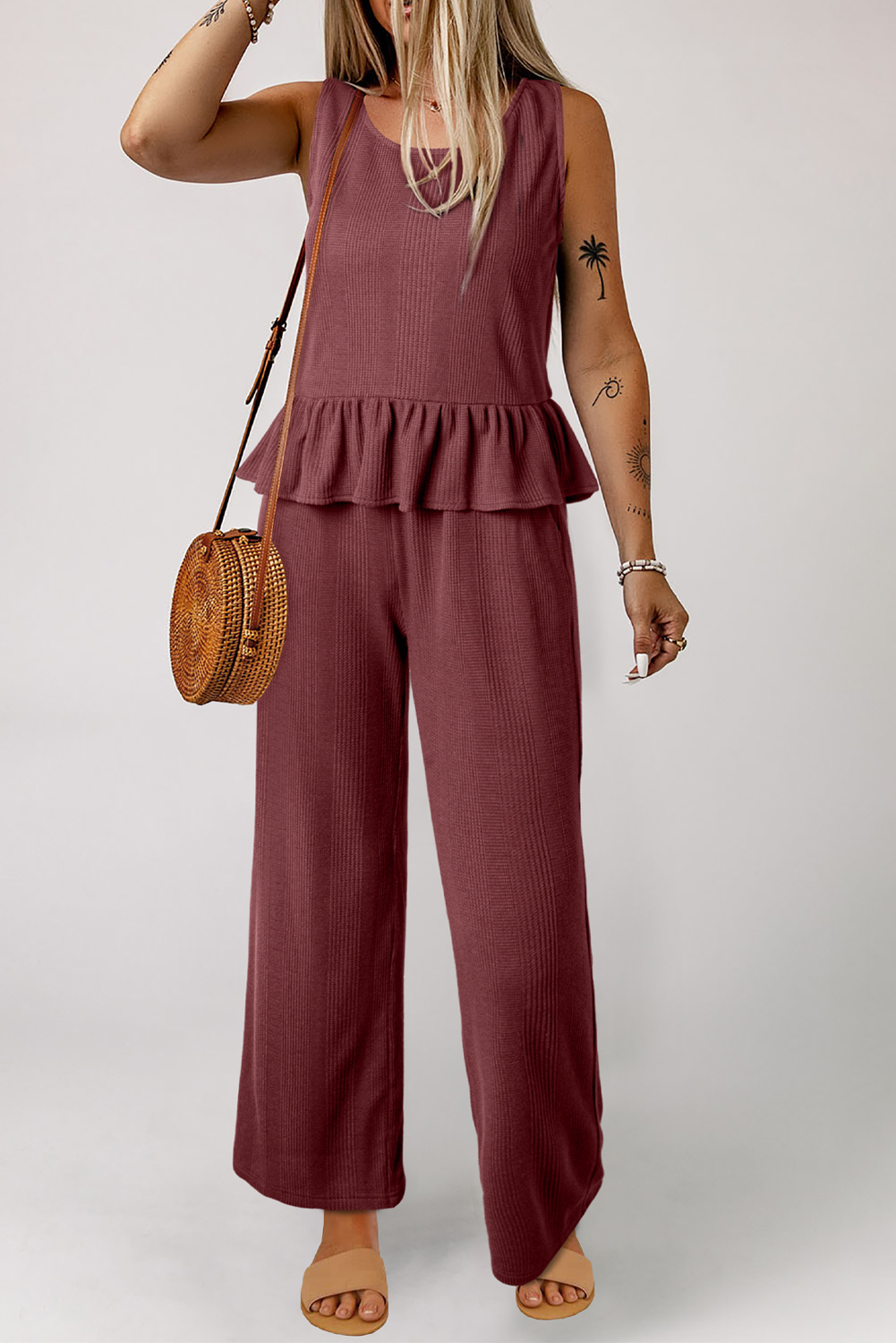 Chic and Comfortable Solid Color Ribbed Lounge Set for Daily Wear - Perfect for Summer - Detail View 3 Chic and Comfortable Solid Color Ribbed Lounge Set for Daily Wear - Perfect for Summer - Detail View 3