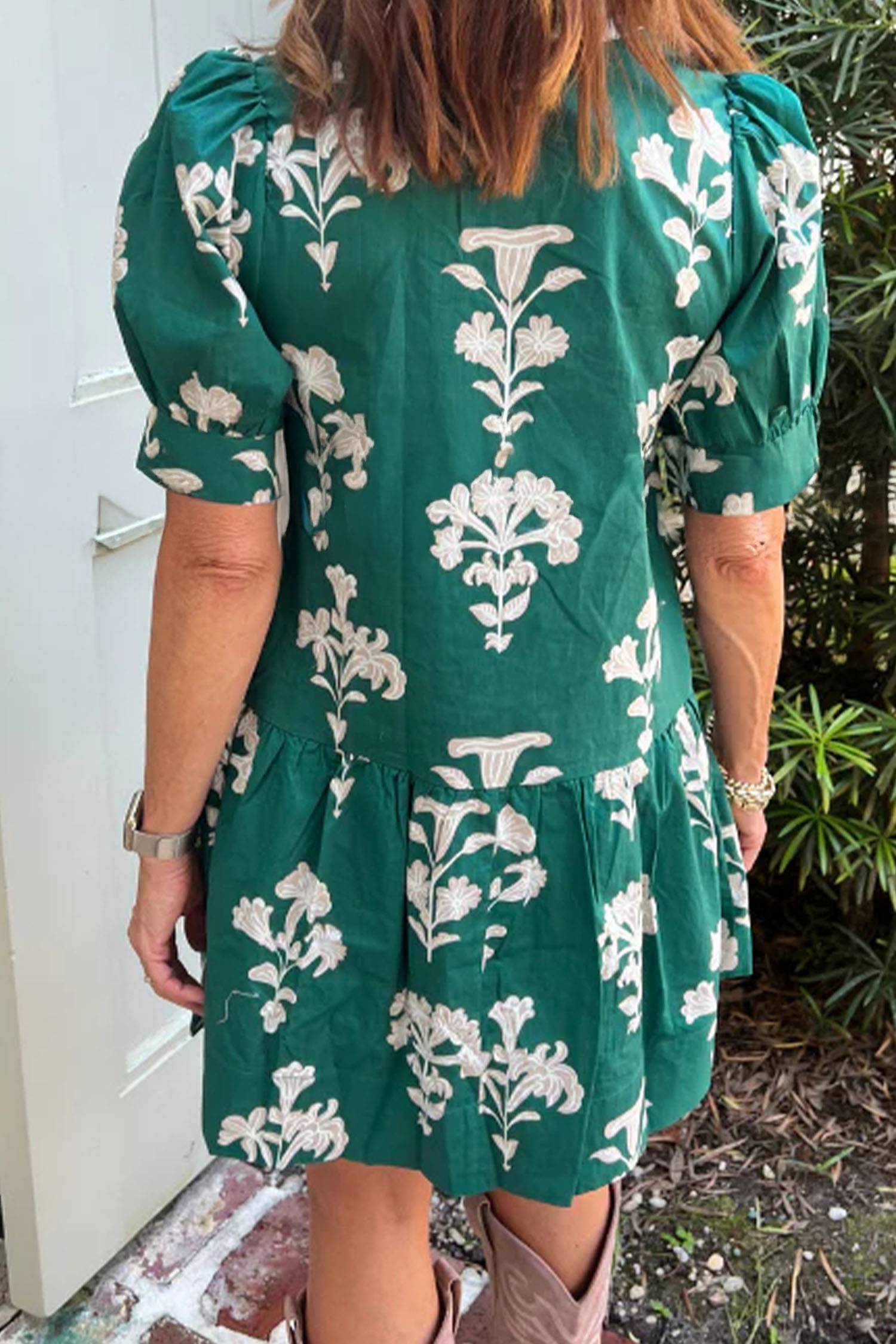 Comfortable Green Floral Women's Shift Mini Dress – V-Neck Puff Short Sleeve, Cotton Blend for Daily Summer Style - Detail View 2 Comfortable Green Floral Women's Shift Mini Dress – V-Neck Puff Short Sleeve, Cotton Blend for Daily Summer Style - Detail View 2
